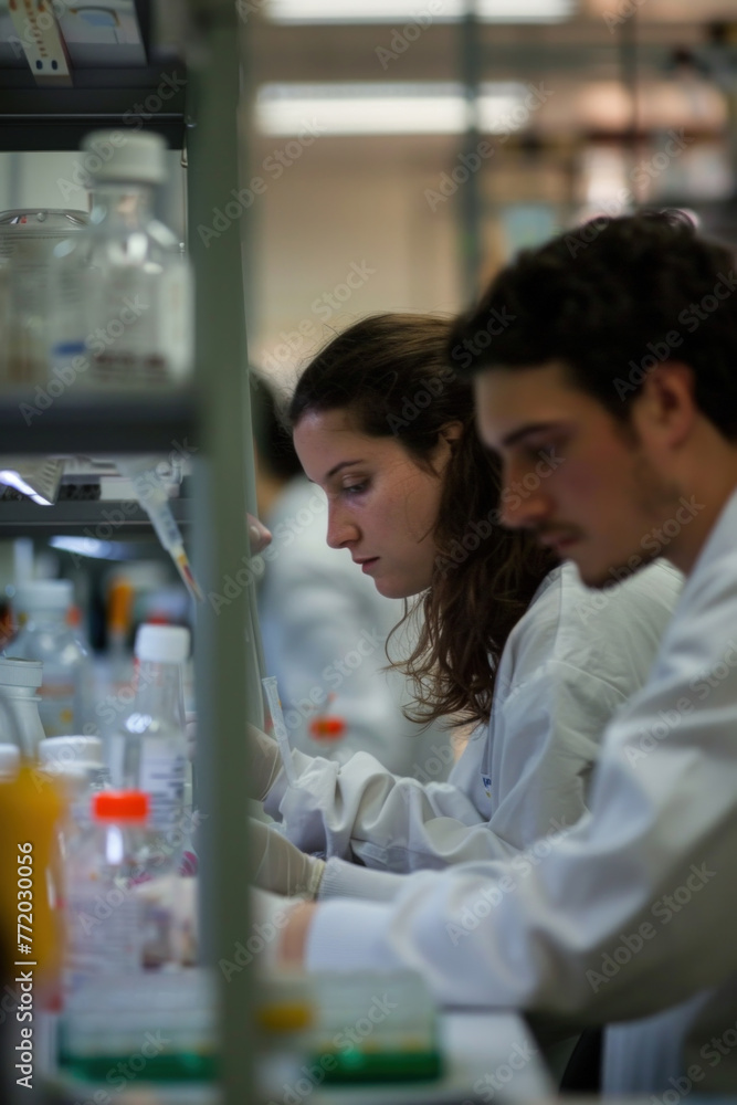 Poster diverse team of scientists in white lab coats collaboratively working with beakers, microscopes, and