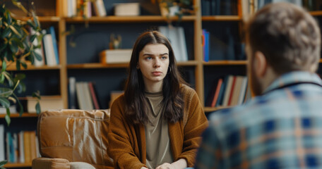 A woman sitting on a couch engaged in conversation with a man in a living room setting