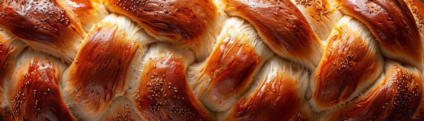 Detailed close-up of a freshly baked challah bread with sesame seeds, showcasing its texture