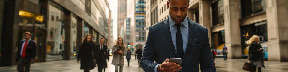 A man in a suit is focused on his cell phone, reading or responding to messages at downtown