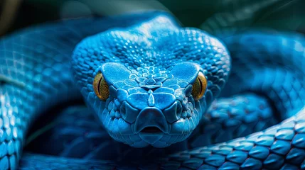 Foto op Aluminium A long blue snake rests upon a tree branch, its gaze fixed ahead, observing its surroundings with a sense of calm and curiosity © Taisiia