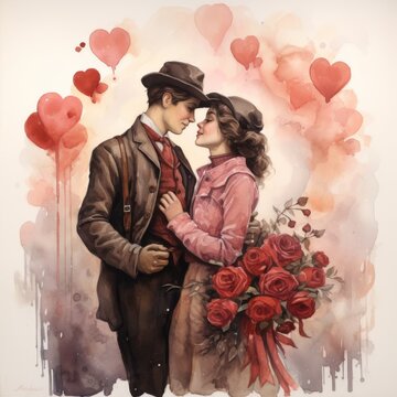 Romantic illustration of a couple in vintage clothing embracing with a bouquet of roses and heart balloons in the background