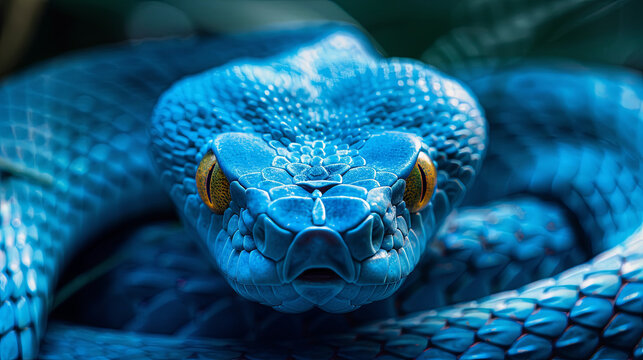 A long blue snake rests upon a tree branch, its gaze fixed ahead, observing its surroundings with a sense of calm and curiosity