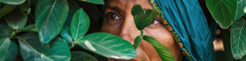A womans eye and part of her face are visible as she looks through the foliage, her blue headscarf adding a pop of color - obrazy, fototapety, plakaty