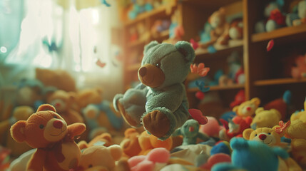 A slow-motion shot of a bear doll falling onto a pile of others, with a room full of once-coveted toys in the background. The narrator concludes the story. - obrazy, fototapety, plakaty