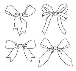Set of gift ribbons bows line drawing, vector illustration, design elements on white background - obrazy, fototapety, plakaty