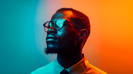 African American man with glasses in a studio, with a gradient background, looking to the right side, Neon light effect