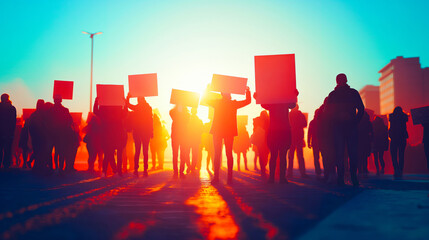A group of people holding signs and carrying banners during an civil techniques protest on the street, sunset light, wide angle, silhouettes, blue sky, red color theme - obrazy, fototapety, plakaty