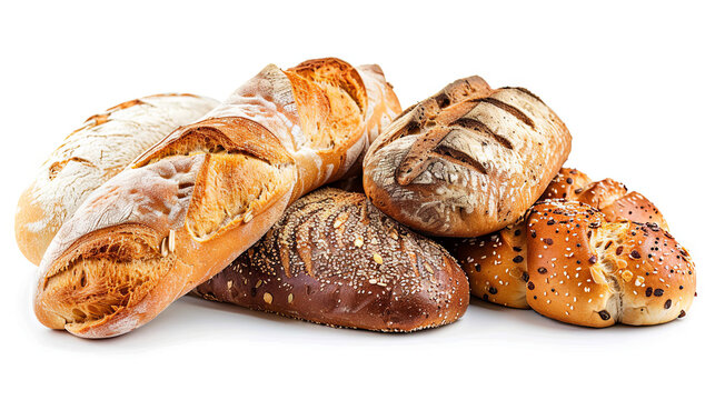 Different types of bread on isolated white background