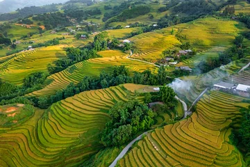 Foto op Plexiglas Aerial view of rice field or rice terraces , Sapa, Vietnam. Y Linh Ho village, Ta Van valley © Dong
