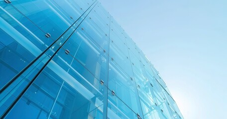 Glass facade installation, close-up action shot, clear sky background, wide lens, reflective elegance. 