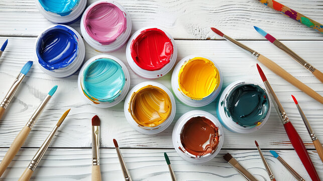 Jars filled with gouache paint and an assortment of brushes are arranged neatly on a white wooden background, offering a top-down perspective of the artistic tools