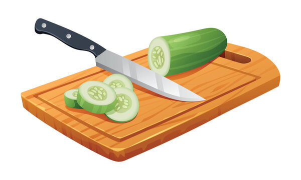 recommend clip art: Sliced cucumber with knife on wooden cutting board. Vector illustration isolated on white background