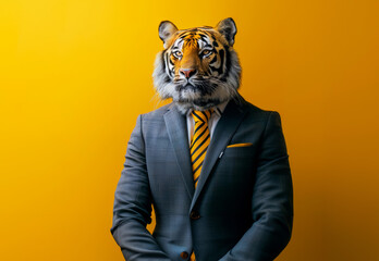 A tiger in suit and tie, yellow background, studio photography, advertising shot, minimalist style - obrazy, fototapety, plakaty