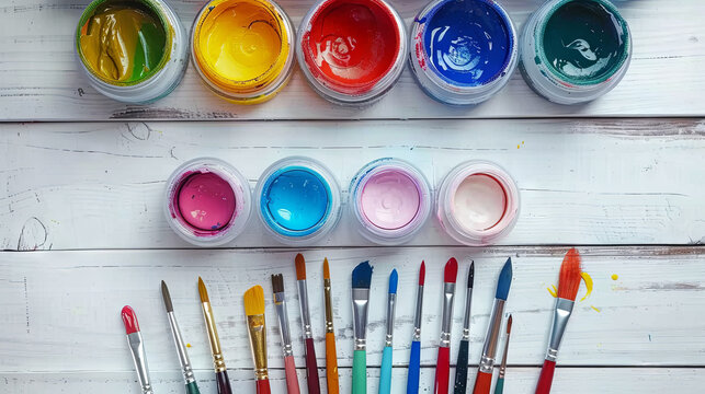 Jars filled with gouache paint and assorted brushes are arranged on a white wooden background, as seen from a top-down perspective