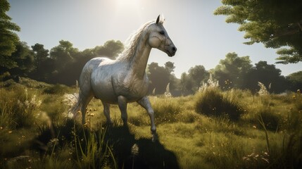 Beautiful white horse in the field. Generative AI