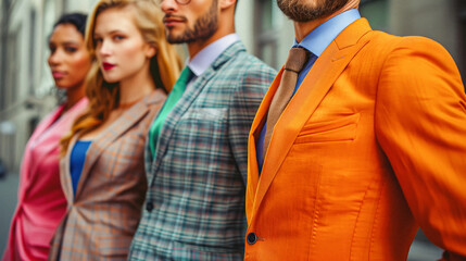 A group of stylish business people in colorful suits, in a close up shot, with copy space for the text, Elegant suit fashion, fashion commercial
