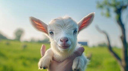Human hand holding a newborn goat with its ears up, against a rural landscape and blue sky.