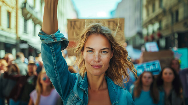 A beautiful woman leading the crowd at an environmental protest, cheering people holding signs and banners marching down city street