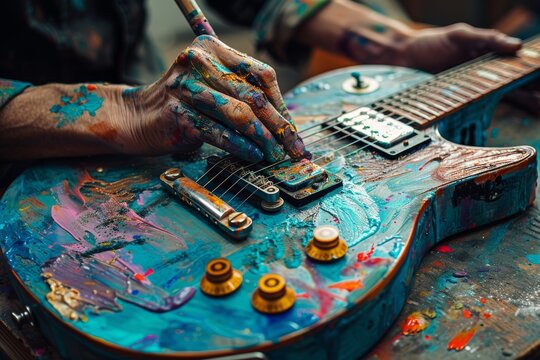 Painting being applied on a guitar, highlighting the artistic process and instruments texture.