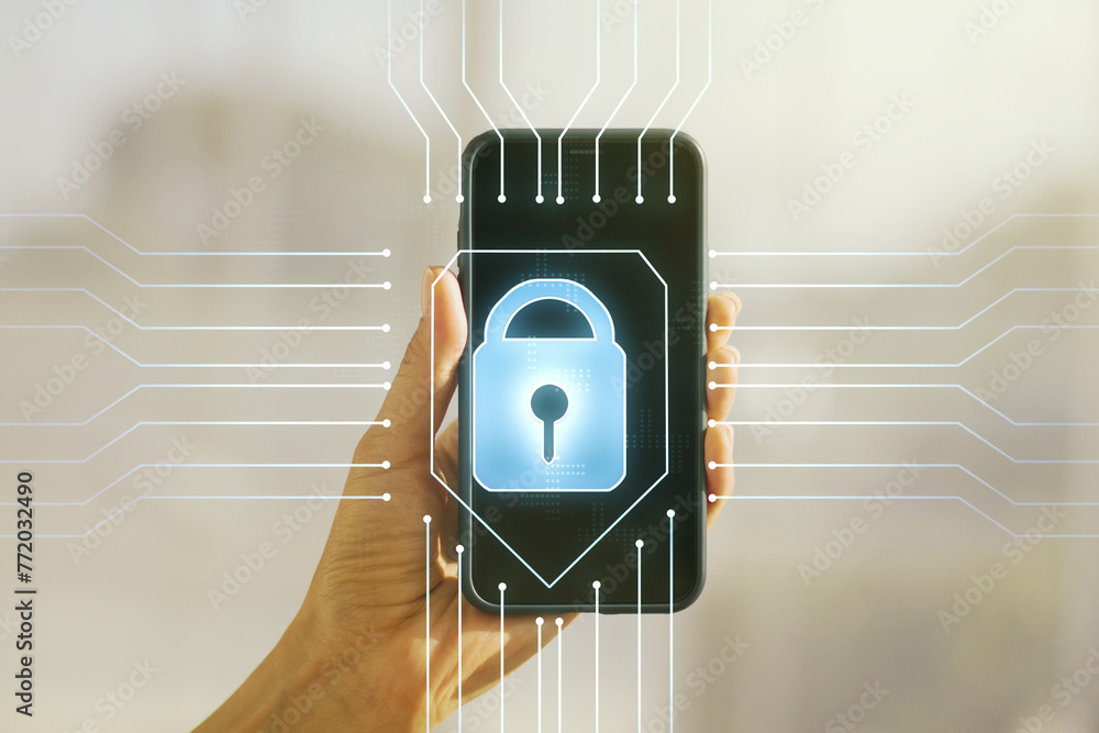 Poster double exposure of creative lock hologram with chip and hand with cell phone on background. informat