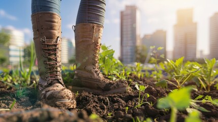 Person wearing muddy boots standing in a garden with green sprouts, city buildings in the background.