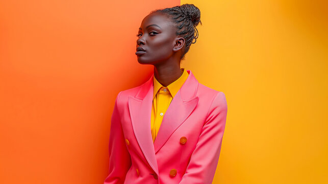 A black woman in her late thirties, wearing an elegant pink suit and yellow shirt with braided hair, stands against the vibrant orange background of a fashion photography