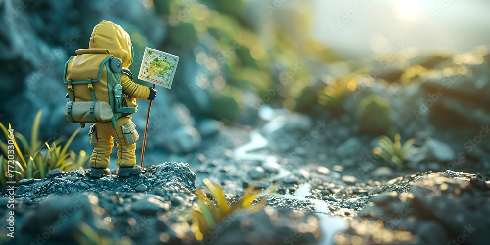 Poster miniature adventurer charting paths to new discoveries and innovations in and imagination