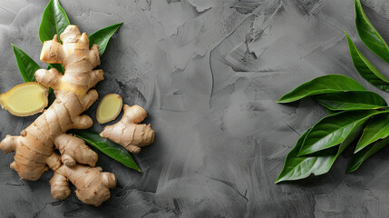 Ginger root with beneficial properties on isolated gray background