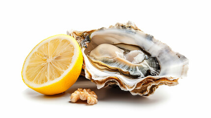 On a white isolated background, lemon goes elegantly with oysters