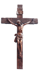 An old wooden cross with Jesus Cristus, isolated on a transparent background