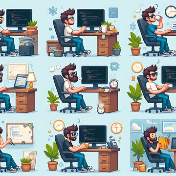 Cartoon Programmer Working At His Desk Art Print