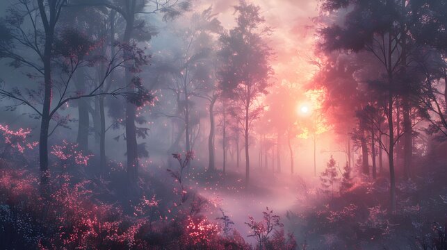 a forest at dusk with a pink misty glow