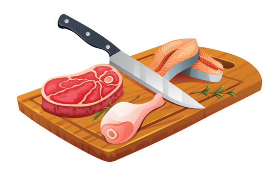 meat, fish, knife on wooden cutting board clip art preview