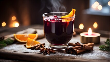 "An inviting winter scene unfolds, featuring a steaming mug of mulled wine adorned with slices of orange and sticks of cinnamon resting on a rustic wooden board. The rich aroma of spices fills the air