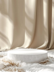 Fototapeta na wymiar vertical circular shape light gold product podium presentation with fur and curtain background
