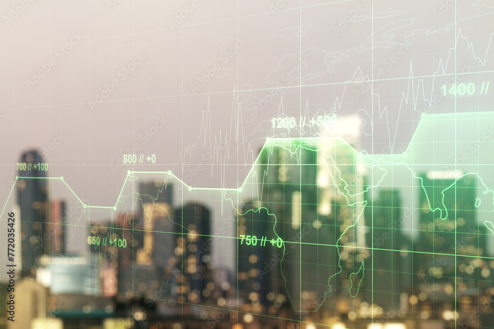 Poster multi exposure of abstract statistics data hologram interface on blurry office buildings background,