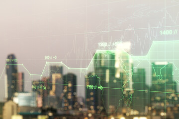 Multi exposure of abstract statistics data hologram interface on blurry office buildings background, computing and analytics concept