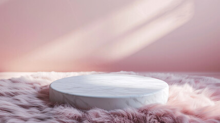 Fototapeta na wymiar circular podium on pink fur with light ray from window for luxury product advertising and presentation