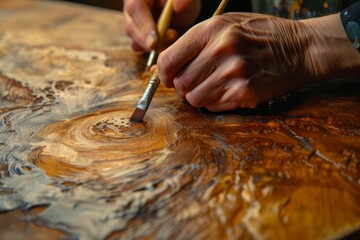Obraz premium Detailed process of wood painting, focus on brush strokes and paint absorption, studio lighting