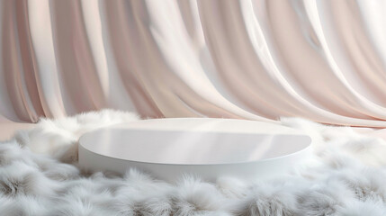 product display podium on white fur with old rose silk curtain background for luxury product advertising