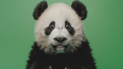 close-up of a young panda on a green background, gazing directly at the camera in a professional...