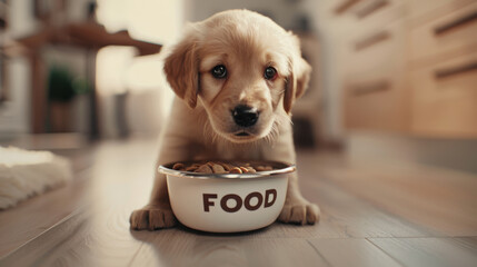 A golden retriever puppy eats from a bowl labeled 