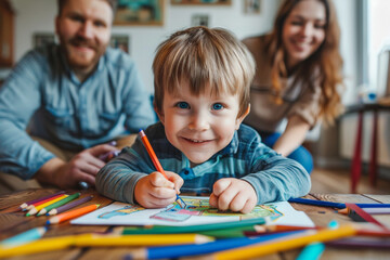 Happy young parents relaxing on couch while adorable little son drawing colorful pencils, playing on warm wooden floor with underfloor heating, family enjoying leisure time on weekend at home 