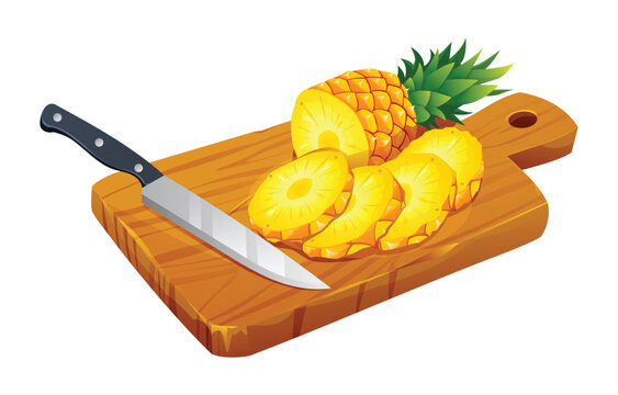 Sliced pineapples with knife on wooden cutting board. Vector cartoon illustration