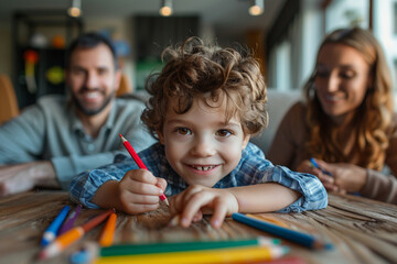 Happy young parents relaxing on couch while adorable little son drawing colorful pencils, playing on warm wooden floor with underfloor heating, family enjoying leisure time on weekend at home 