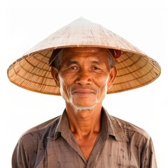 A Vietnamese farmer, in a conical hat, a symbol of resilience and hard work in the rice fields on white background. - obrazy, fototapety, plakaty