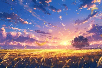 A peaceful landscape painting of a field at sunset. The sky is ablaze with color, with streaks of orange, red, and purple. - obrazy, fototapety, plakaty