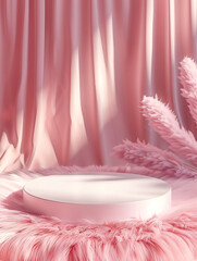 Obraz na płótnie Canvas product display podium on pink fur with silk curtain background for luxury product advertising vertical aspect