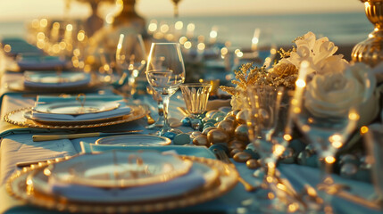 Sunset wedding reception table with golden accents, sea glass, and seafoam green linens. - obrazy, fototapety, plakaty
